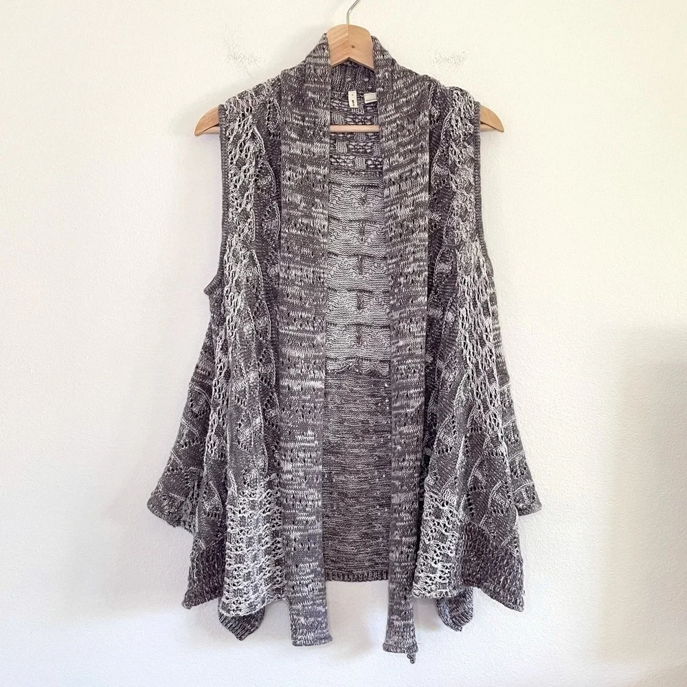 Anthropologie Moth Lavena Pointelle Draped Open Front Cardigan Sweater Vest Grey